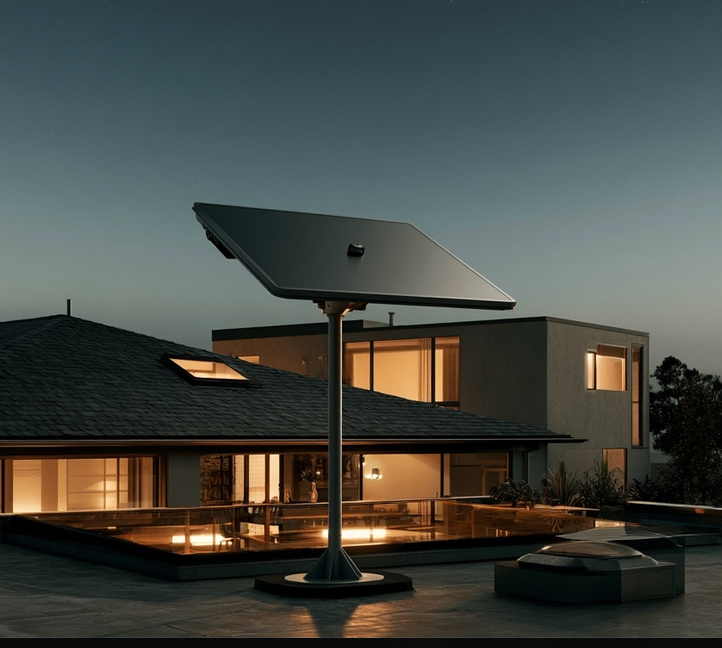 Starlink satellite dish on rooftop at night with warm house lights glowing below
