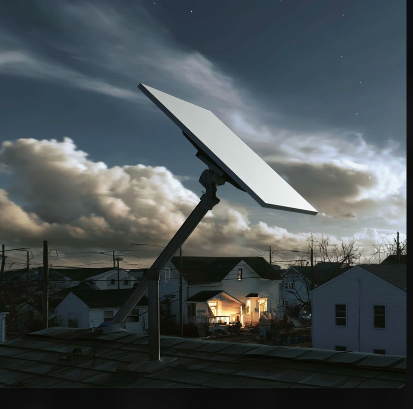 Starlink satellite dish mounted on a rooftop at night, dark neighborhood behind it with one house glowing with lights, clearing storm clouds above