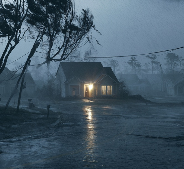 One house glowing with power during a hurricane while all surrounding houses are dark and trees bend in the wind