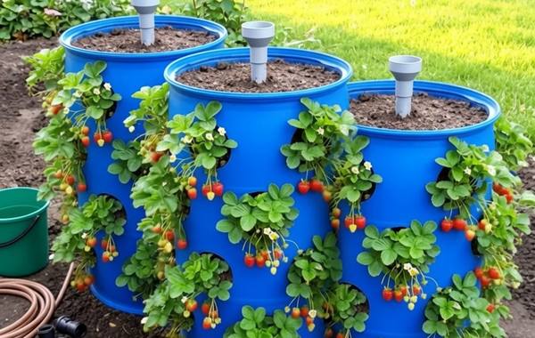 Three blue plastic barrels repurposed as vertical strawberry planters, each loaded with ripe strawberries growing out of side openings