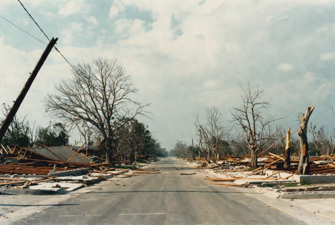 A residential street stripped bare after a catastrophic hurricane, with concrete slabs and debris where houses stood and every tree broken and leafless