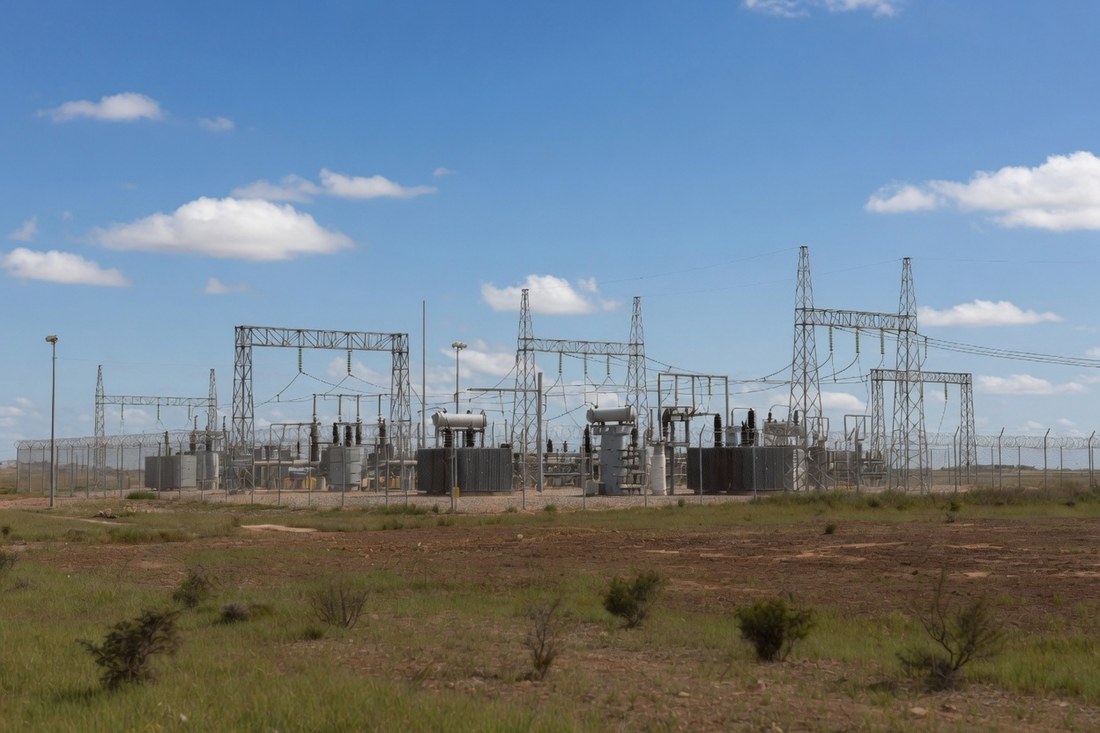 A small electrical substation seen wide across open scrub country — steel gantries, transformers and breakers behind a chain-link fence, with no building and nobody present