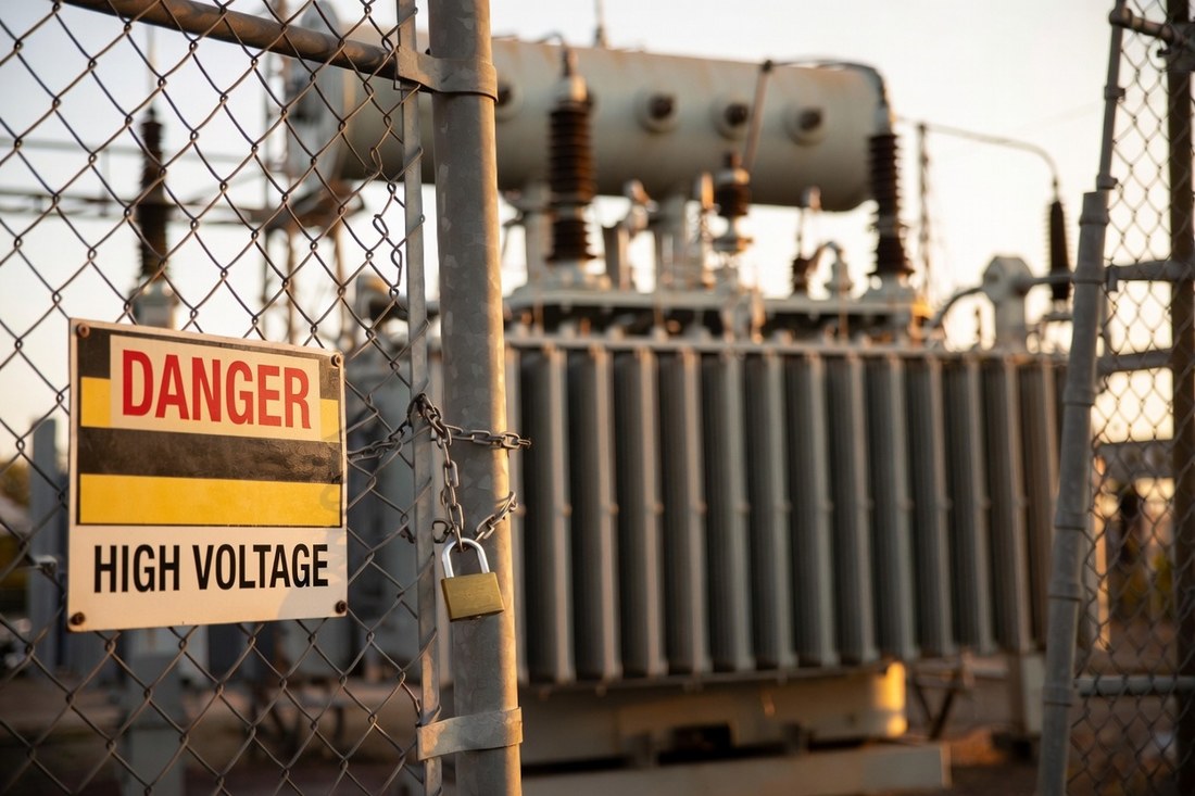 A padlocked chain-link gate with a DANGER HIGH VOLTAGE sign wired to it, a large substation transformer standing behind in evening light