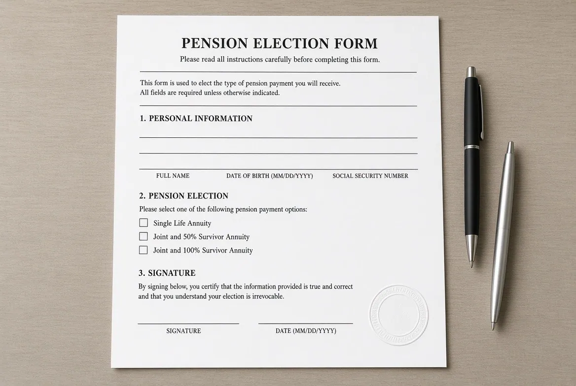 A pension election form lying flat on a desk beside two pens, with three checkboxes reading Single Life Annuity, Joint and 50% Survivor Annuity and Joint and 100% Survivor Annuity, a signature and date line beneath, and a blank embossed notary seal at the lower right