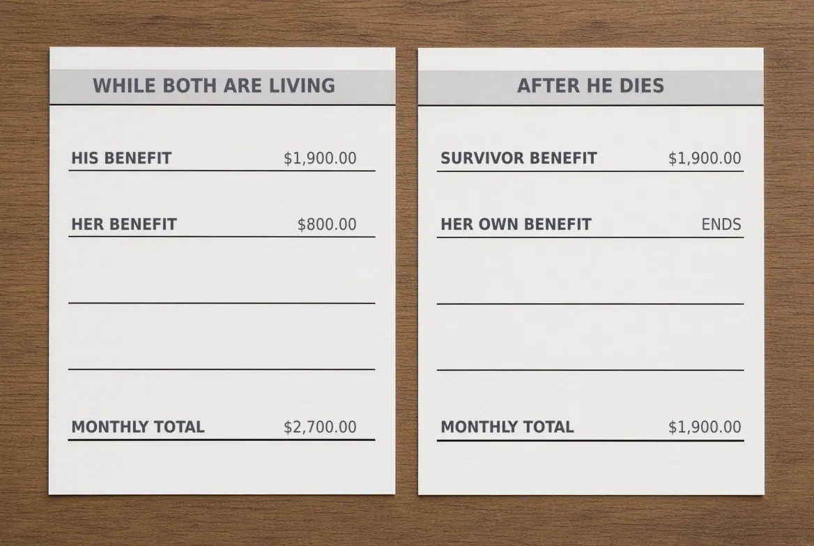 Two blank benefit statements side by side on a wooden desk, the left headed WHILE BOTH ARE LIVING showing his benefit of $1,900.00, her benefit of $800.00 and a monthly total of $2,700.00, the right headed AFTER HE DIES showing a survivor benefit of $1,900.00, her own benefit ended, and a monthly total of $1,900.00