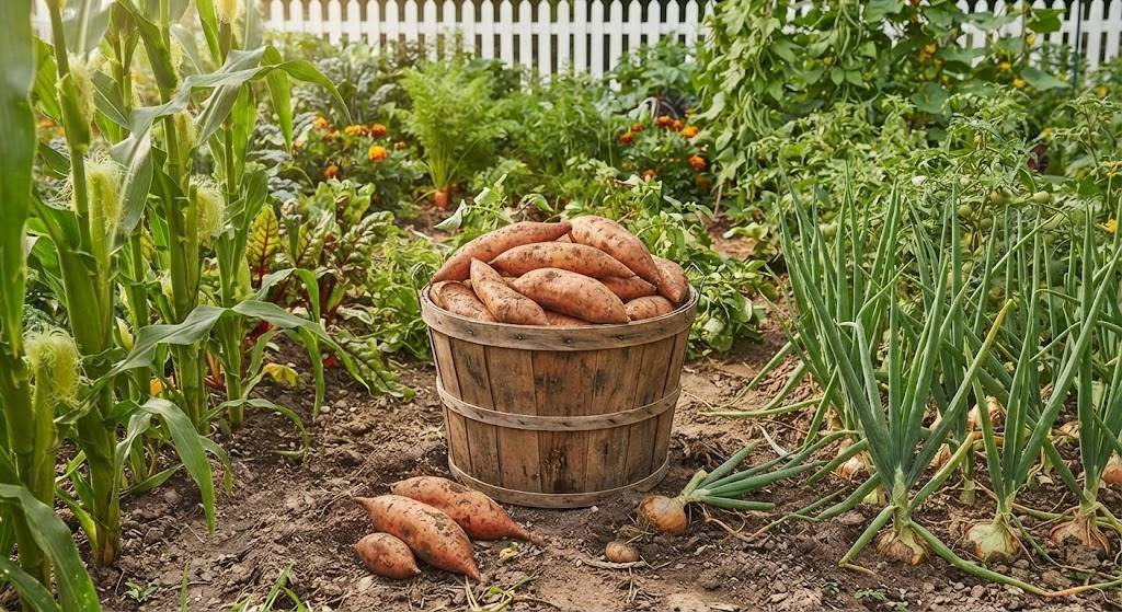 Wooden bushel basket full of freshly harvested sweet potatoes in a home vegetable garden, corn stalks, tomatoes, onions, and marigolds surrounding it