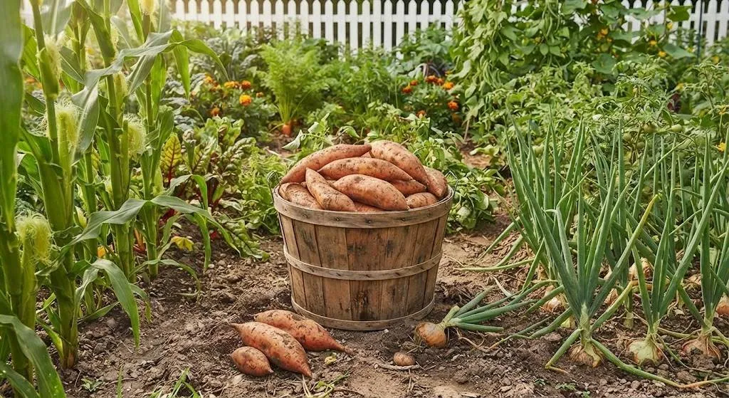 Wooden bushel basket full of freshly harvested sweet potatoes in a home vegetable garden, corn stalks, tomatoes, onions, and marigolds surrounding it