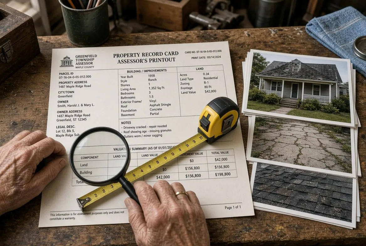 An assessor's property record card laid on a workbench with a tape measure and magnifying glass across it, beside photographs of a house showing a cracked driveway and a worn roof