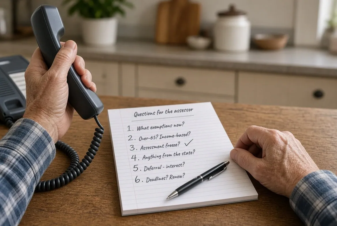 An older man at a kitchen table holding the handset of a corded telephone, a lined notepad in front of him headed “Questions for the assessor” with six written out — what exemptions he has now, over-65 and income-based exemptions, an assessment freeze, anything claimed from the state, deferral interest, and deadlines and renewal — the third one ticked off