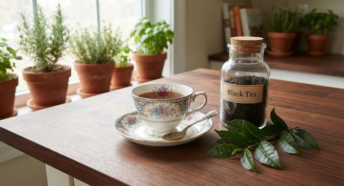 Floral china teacup beside a cork-top jar labeled Black Tea on a wooden table, herb pots on the windowsill behind