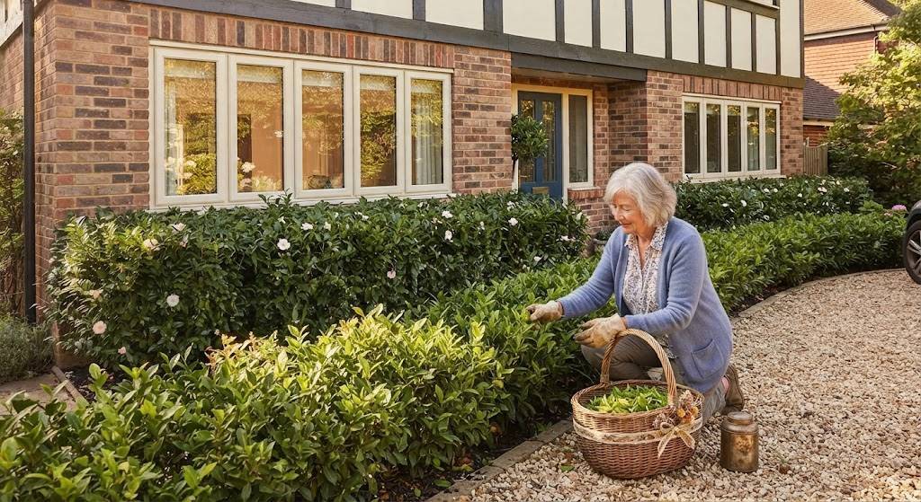 Older woman in blue cardigan kneeling to harvest new leaf growth from a Camellia sinensis hedge, wicker basket and glass jar beside her