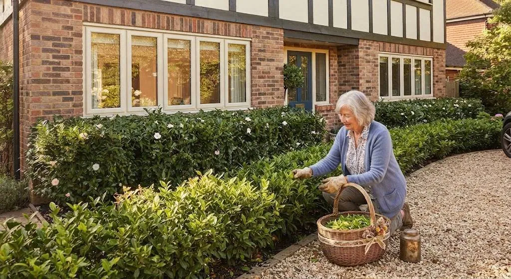 Older woman in blue cardigan kneeling to harvest new leaf growth from a Camellia sinensis hedge, wicker basket and glass jar beside her