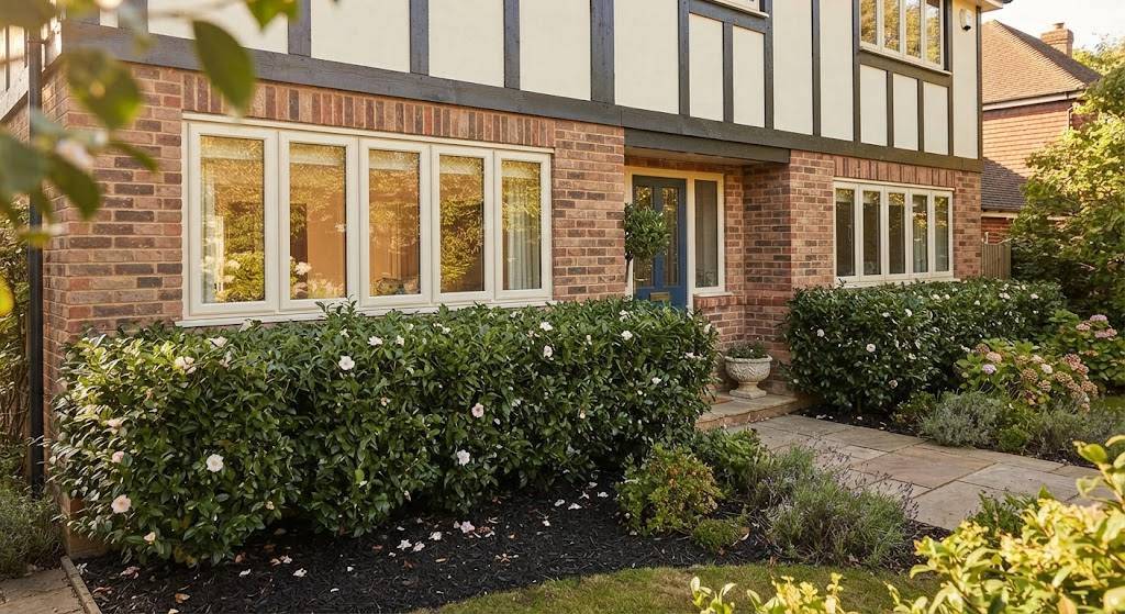 Camellia sinensis tea bushes trimmed as a neat foundation hedge along a brick house — glossy dark green leaves and white flowers, indistinguishable from ornamental landscaping