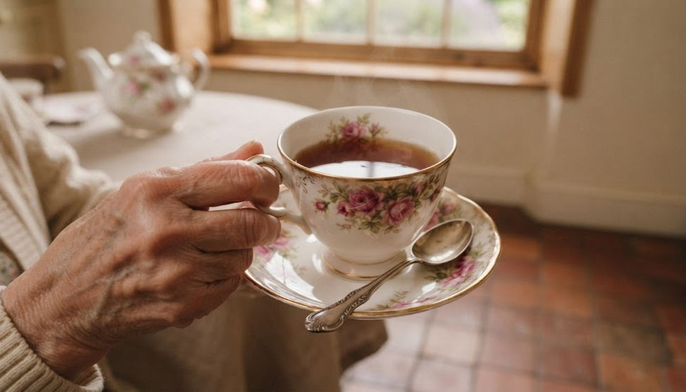 An elderly woman's hands holding a steaming floral china teacup — tea grown, dried, and brewed from her own garden