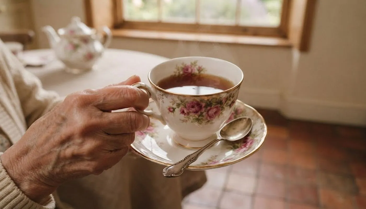 An elderly woman's hands holding a steaming floral china teacup — tea grown, dried, and brewed from her own garden