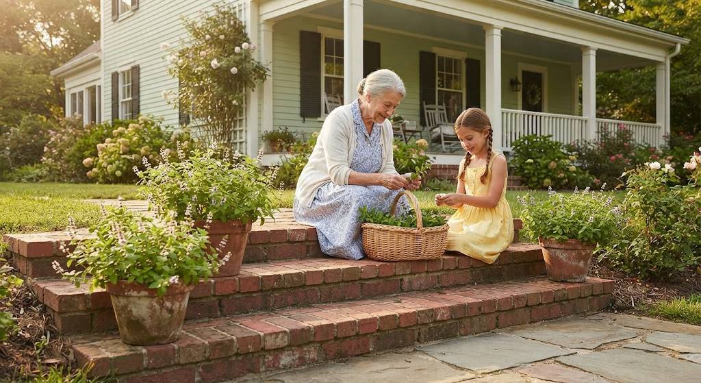 Grandmother and granddaughter sitting on brick garden steps sorting fresh herbs together, herb pots beside them and a wicker basket between them