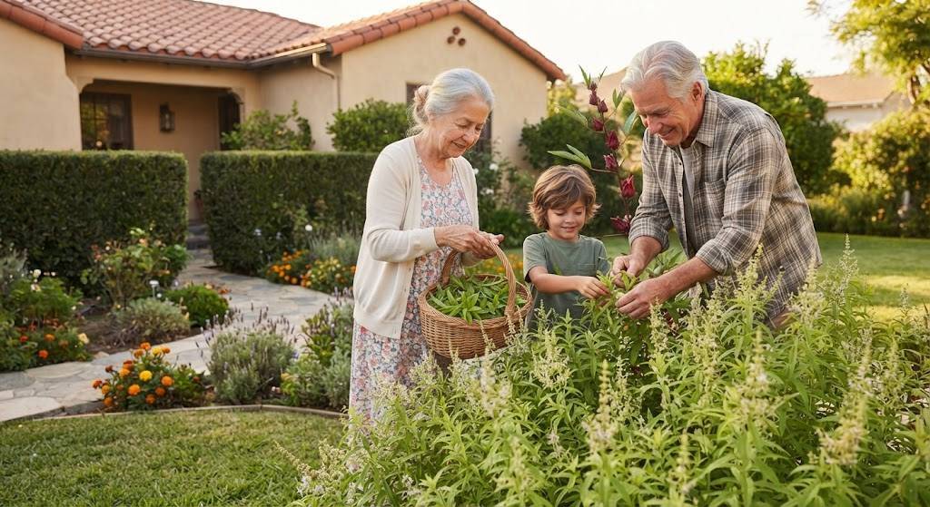 Grandmother, grandfather, and young grandson happily harvesting fresh herbs together in a beautiful backyard garden at golden hour