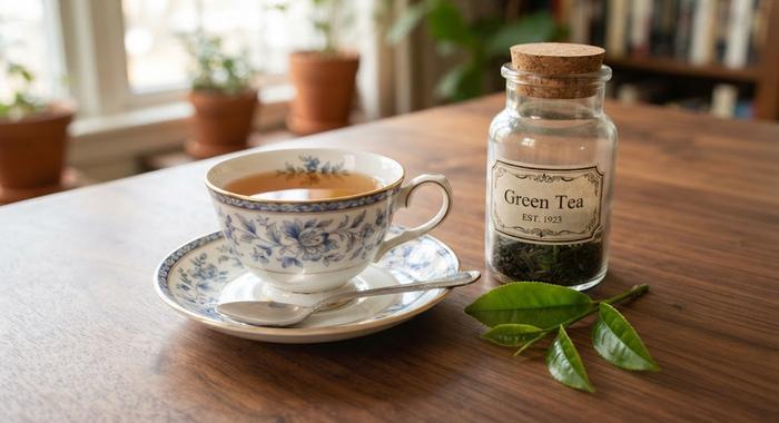 Blue floral china teacup beside a cork-top jar labeled Green Tea on a wooden table with fresh camellia leaves