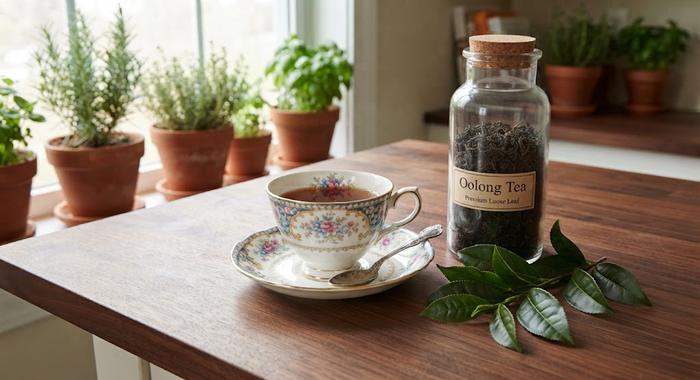 Blue willow china teacup beside a cork-top jar labeled Oolong Tea on a wooden table with fresh camellia leaves