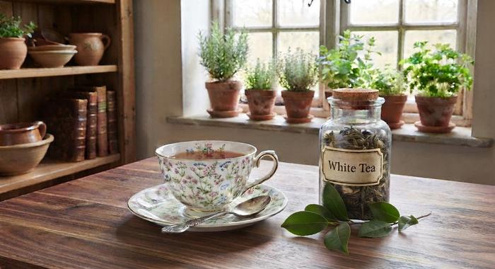 Floral china teacup beside a cork-top jar labeled White Tea on a wooden table, herb pots on the windowsill behind