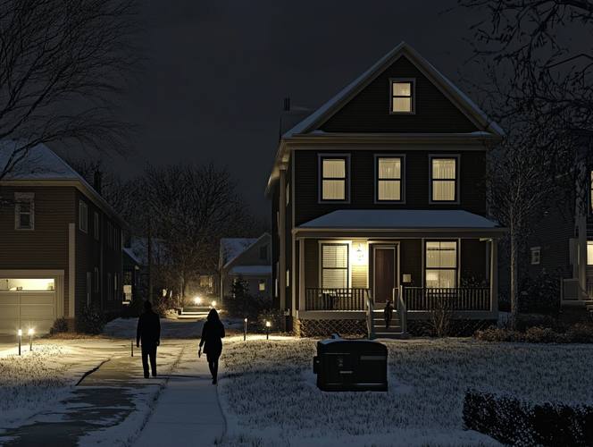 Neighbors gathering outside the one lit house in a dark neighborhood — the powered hub that forms organically around any prepared household after a long outage