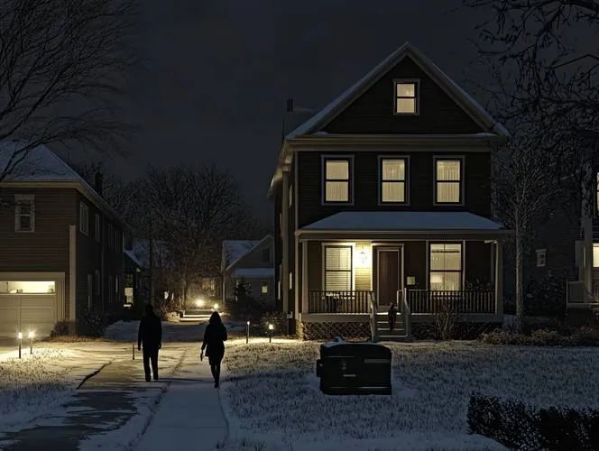 Neighbors gathering outside the one lit house in a dark neighborhood — the powered hub that forms organically around any prepared household after a long outage