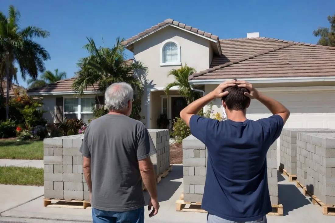 Two men seen from behind standing in a driveway looking at six pallets of concrete blocks that have just been delivered, stacked three across and two deep, the younger of them with both hands on top of his head