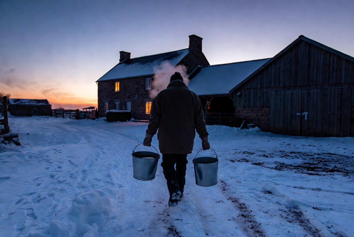 A figure seen from behind carrying two full galvanised buckets across trodden snow toward a stone farmhouse at dusk, smoke rising from the chimney and a barn standing to one side