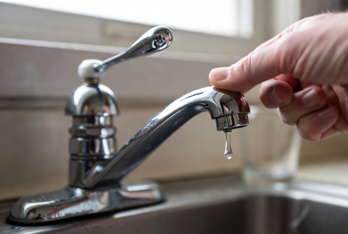 A hand held under an open chrome kitchen tap in a cold kitchen, with a single drop hanging at the spout and an empty drinking glass waiting on the counter behind it