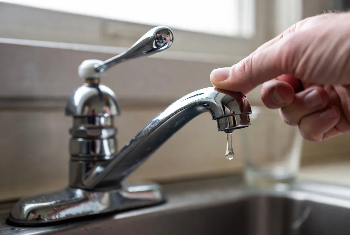 A hand held under an open chrome kitchen tap in a cold kitchen, with a single drop hanging at the spout and an empty drinking glass waiting on the counter behind it