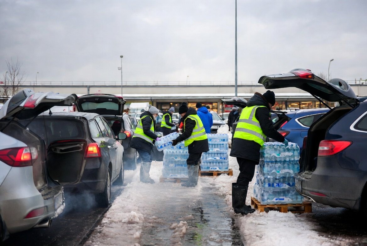 Volunteers in high-visibility vests loading flats of bottled water from pallets into the open boots of a queue of cars in a snowy parking lot under a grey sky