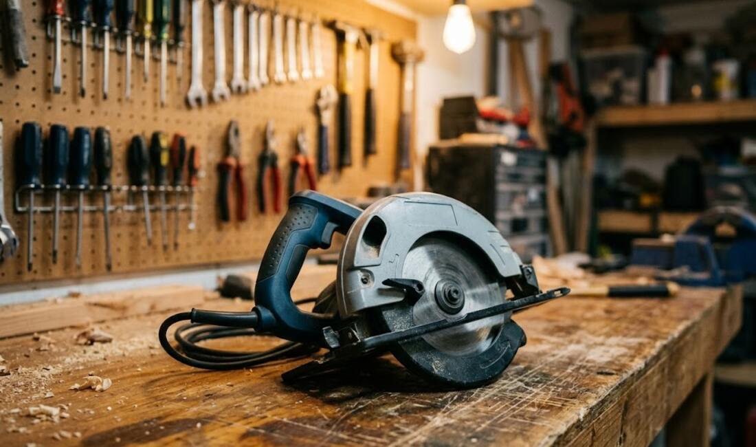 An unbranded corded circular saw on a workbench in front of a pegboard of hand tools