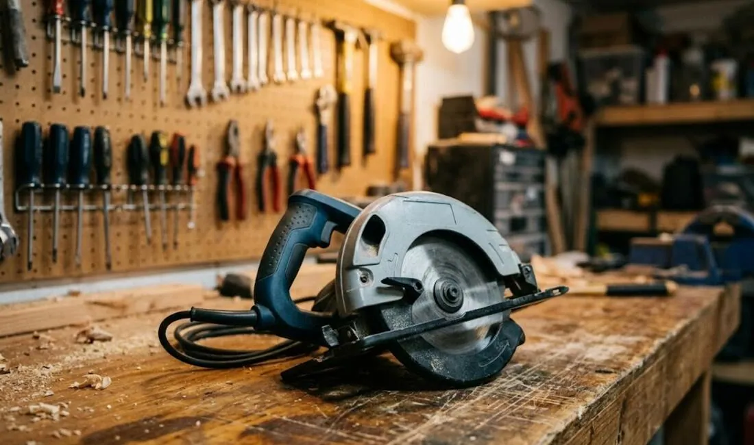 An unbranded corded circular saw on a workbench in front of a pegboard of hand tools