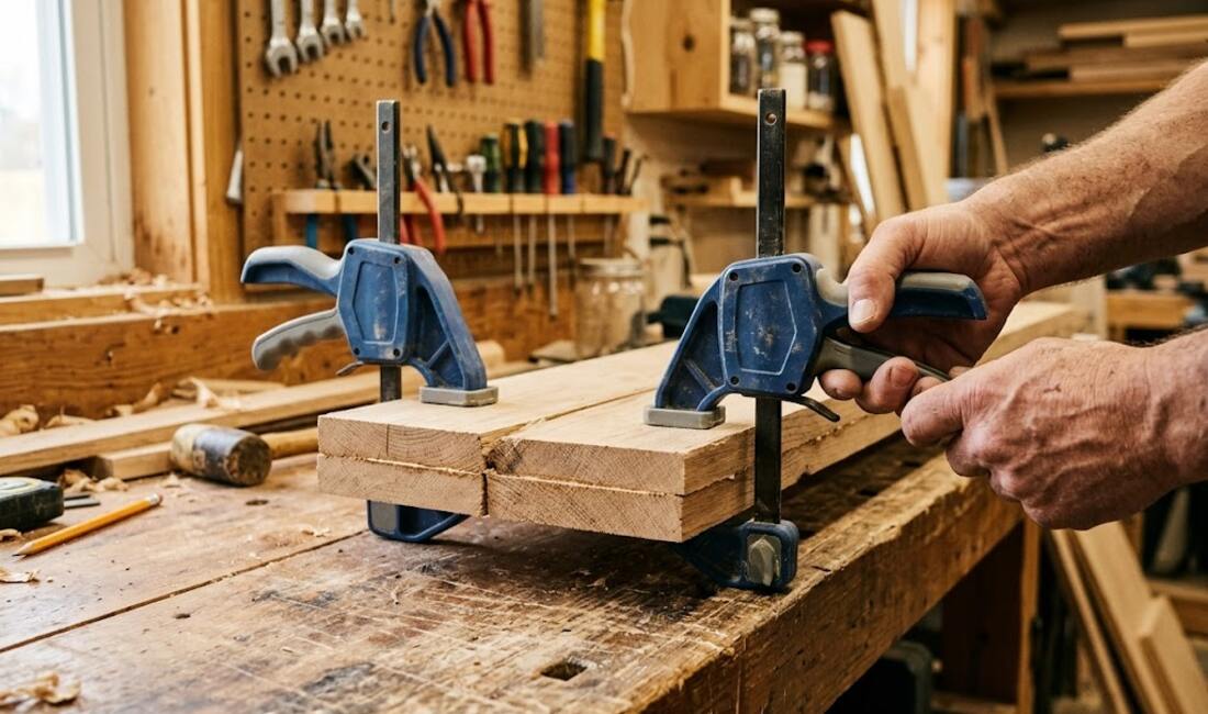 Quick-grip trigger clamps holding boards together, squeezed with one hand