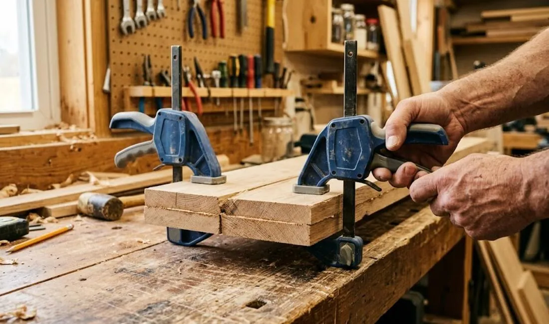 Quick-grip trigger clamps holding boards together, squeezed with one hand