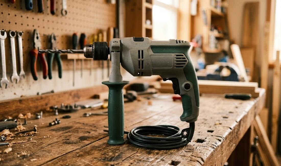 An unbranded corded electric drill with side handle standing on a wooden workbench