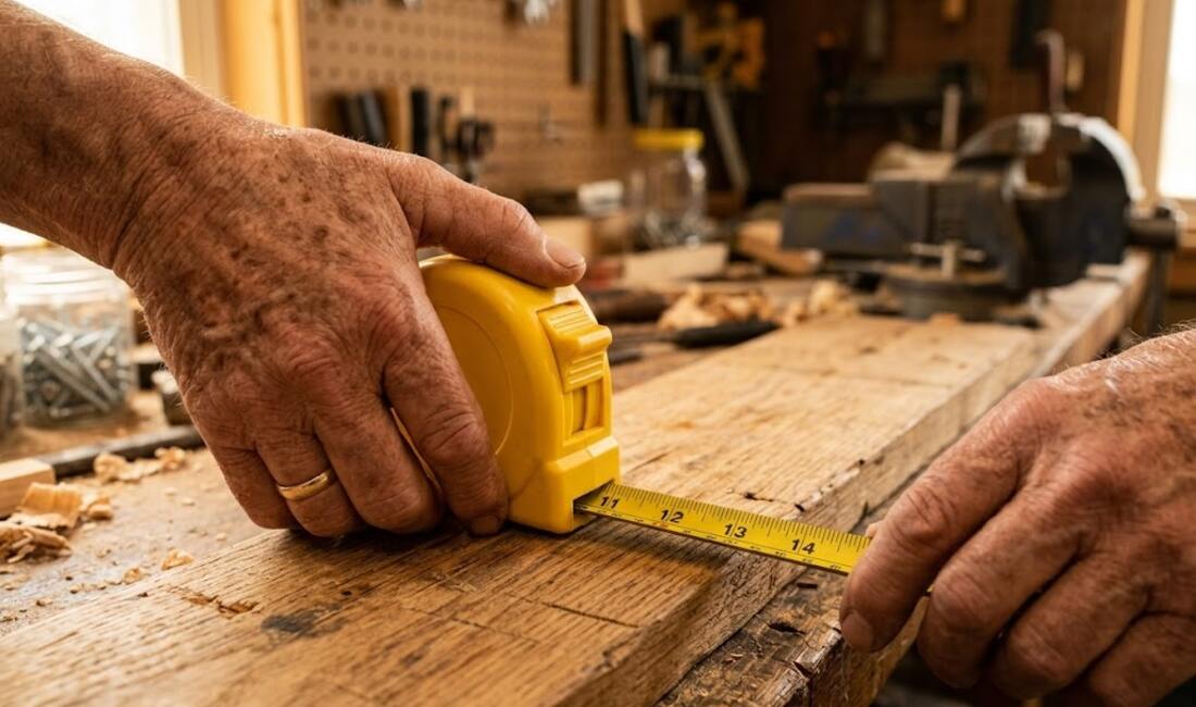Senior hands extending a locking tape measure along a wooden board