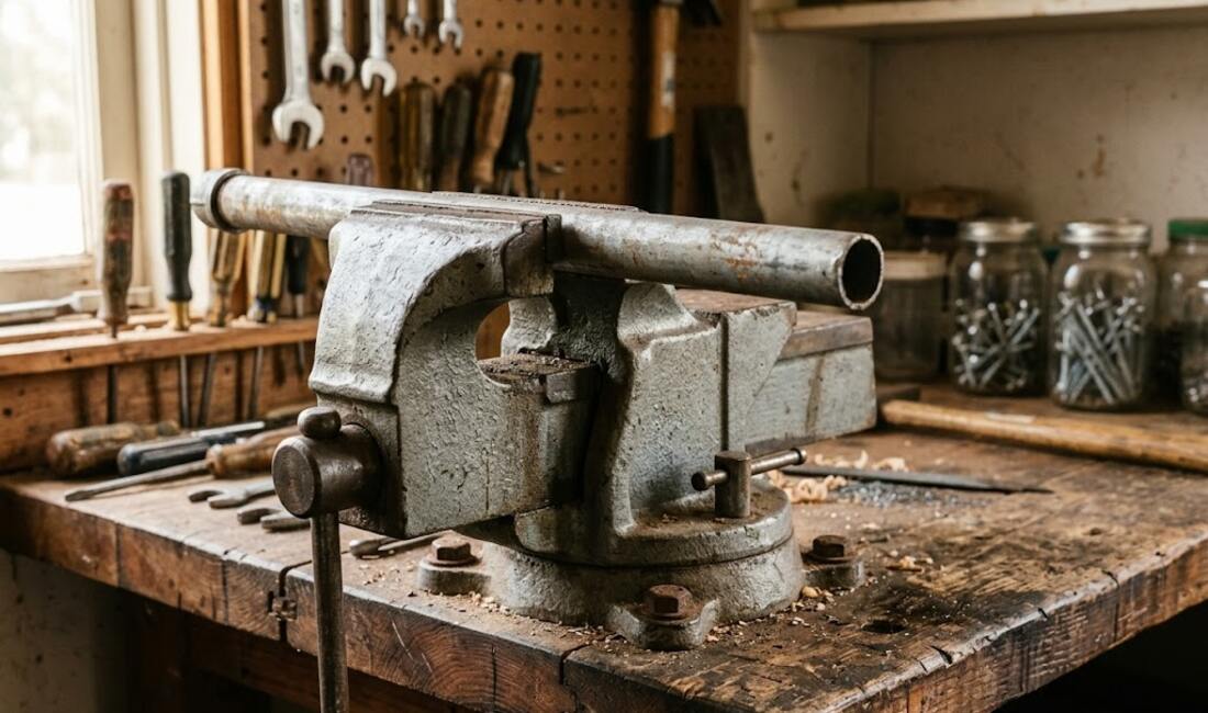 A heavy steel bench vise bolted to a workbench, gripping a length of pipe