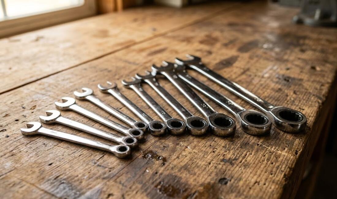 A set of chrome ratcheting combination wrenches fanned out on a wooden workbench