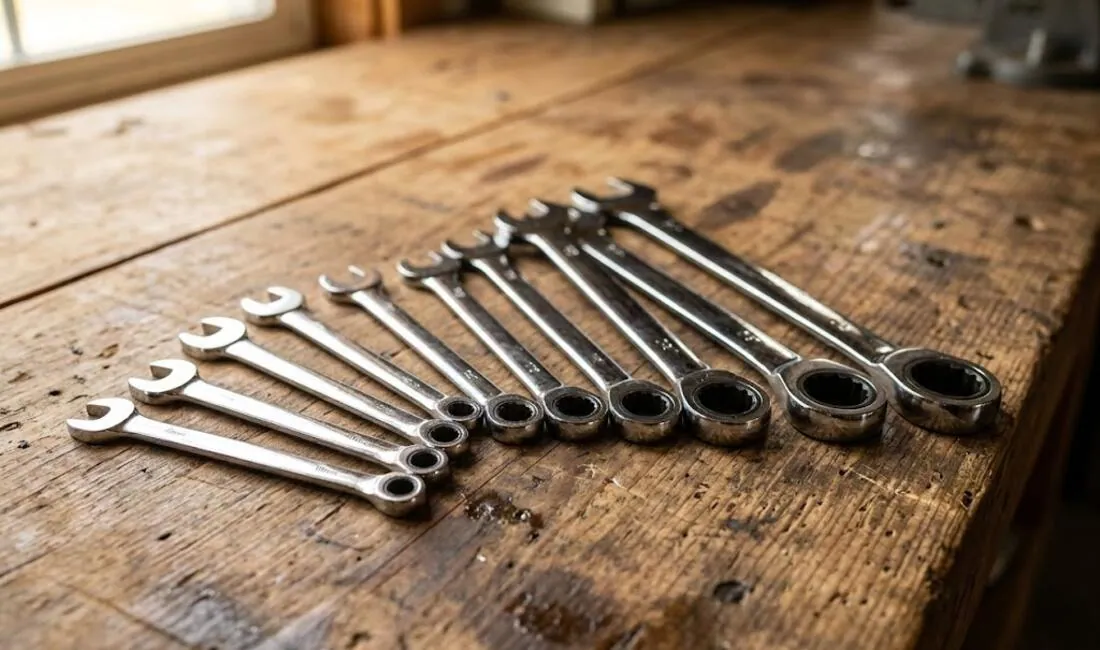 A set of chrome ratcheting combination wrenches fanned out on a wooden workbench