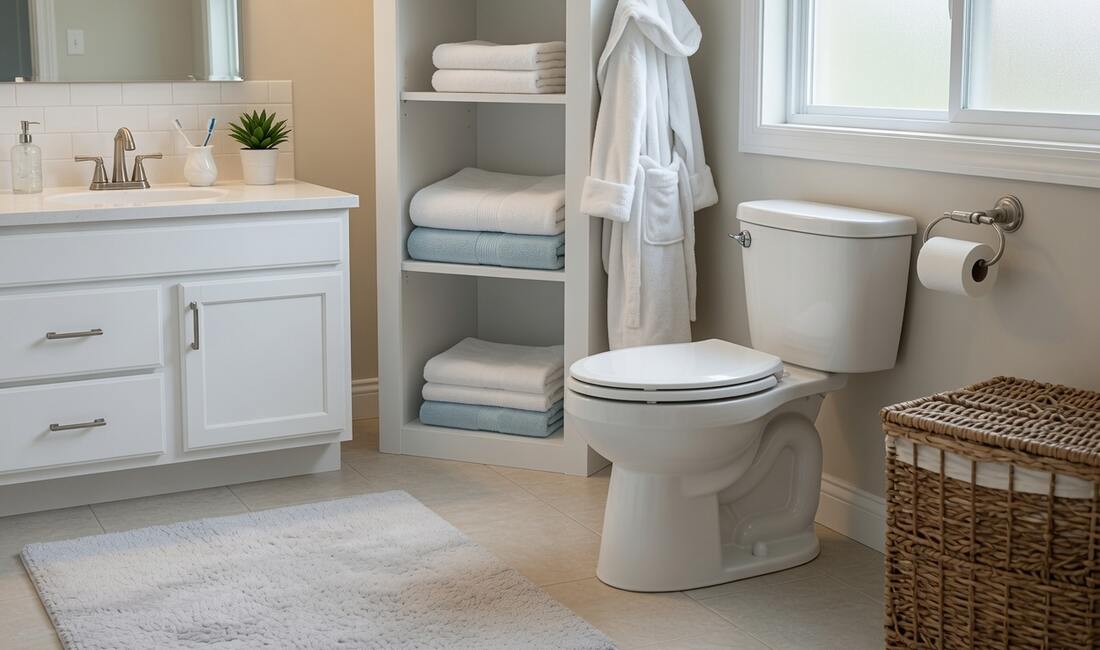 A bright, clean bathroom with an elongated comfort height toilet, white vanity, and neatly folded towels
