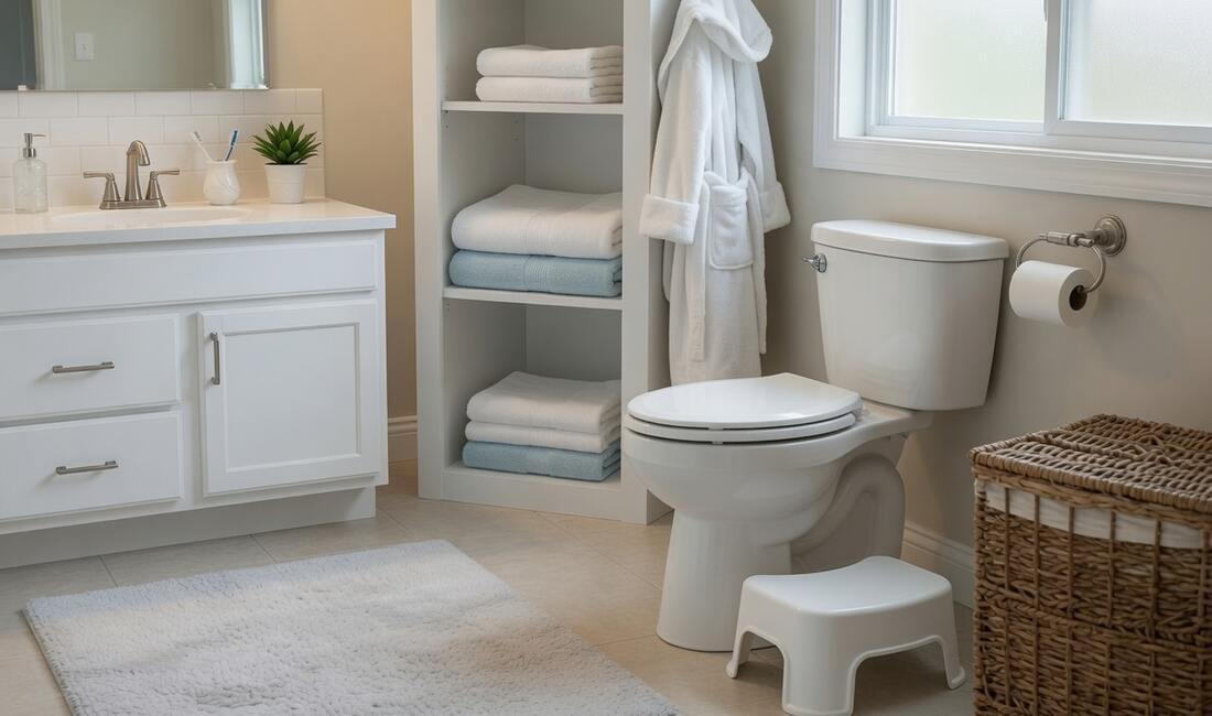 A small white step stool sitting at the base of a toilet in a bright, clean bathroom