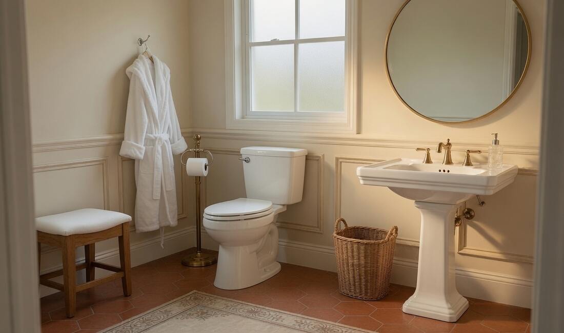 A traditional bathroom with terracotta tile, a pedestal sink, a toilet, and a small wooden footstool