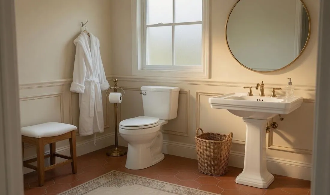 A traditional bathroom with terracotta tile, a pedestal sink, a toilet, and a small wooden footstool