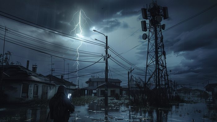 Person holding glowing phone in flooded street with dead cell tower — no signal during hurricane disaster