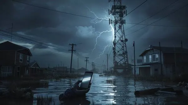 Person holding glowing phone in flooded street with dead cell tower — no signal during hurricane disaster