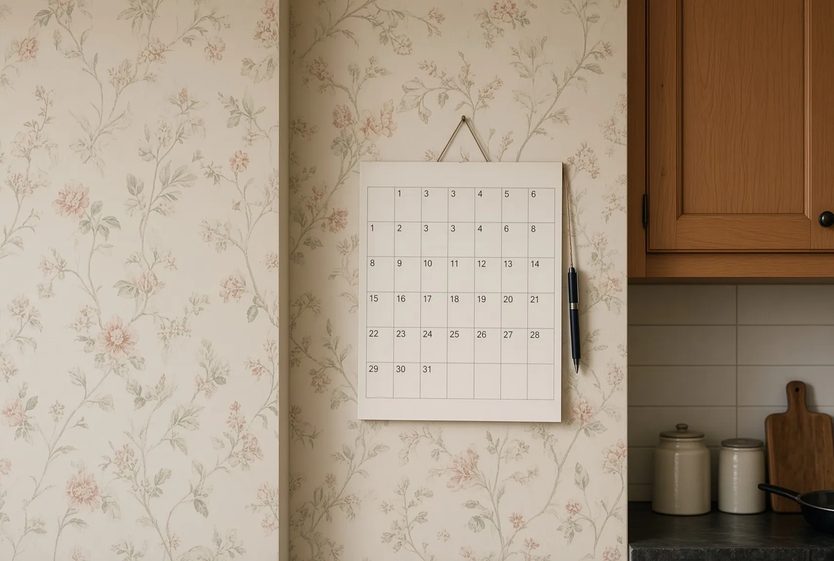 A wall calendar in a kitchen with every square blank and an unused pen hanging beside it