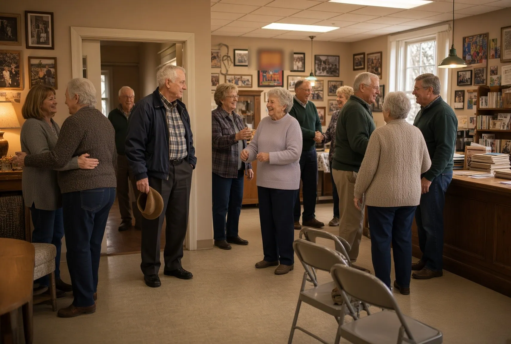 A community hall with older people talking in groups, and one man just inside the doorway holding his hat