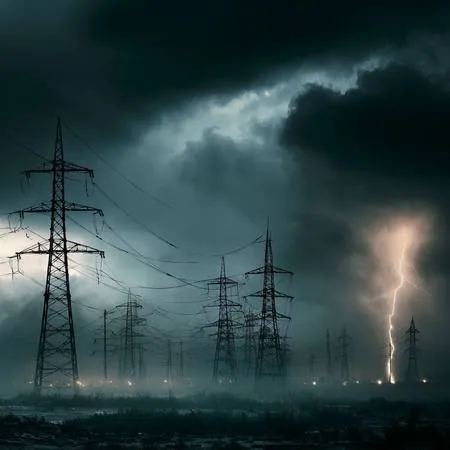 High-voltage power transmission towers during a storm — aging grid infrastructure vulnerable to failure