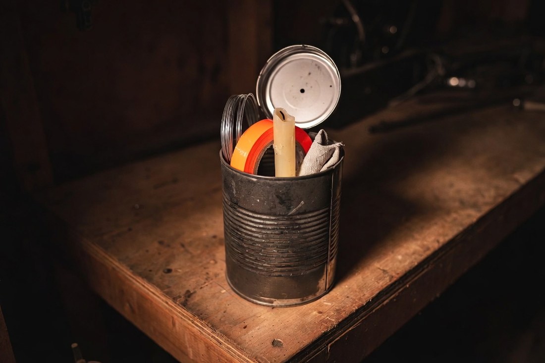 An old steel coffee can with its lid propped open on a workbench, holding a roll of orange flagging tape, a coil of wire, a candle stub and a folded rag
